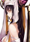  bare_shoulders black_hair breasts eyebrows_visible_through_hair eyelashes fate/grand_order fate_(series) highres horn_ring horns la-na lips medium_breasts sesshouin_kiara sideboob smile solo white_background yellow_eyes 