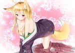  1girl :o aliasing animal_ears bare_shoulders blonde_hair blush breasts cleavage collarbone female fox_ears fox_tail fringe highres horomasa japanese_clothes long_hair open_mouth original red_eyes solo twintails 