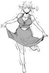  balancing bangs barefoot belly blush breasts dress elf elf-san_wa_yaserarenai. erufuda-san full_body greyscale highres large_breasts monochrome plump pointy_ears short_hair simple_background sketch skirt_hold solo standing standing_on_one_leg sweat sweatdrop synecdoche tears translated trembling undersized_clothes weight_conscious weight_gain white_background 