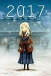  2017 aqua_eyes architecture artist_name asterisk_kome blonde_hair east_asian_architecture eyelashes full_body fur_trim gloves japanese_clothes meiji_schoolgirl_uniform original pouch scarf shiisaa smile snow snowing solo standing winter 