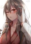  blouse blush breasts collarbone gangut_(kantai_collection) hair_between_eyes hair_ornament hairclip kantai_collection large_breasts lips long_hair looking_at_viewer parted_lips red_blouse red_eyes sakiryo_kanna scar shiny shiny_clothes shiny_skin sidelocks silver_hair solo unbuttoned 