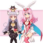  animal_ears black_legwear blue_eyes blush bow breasts cleavage cleavage_cutout dress elbow_gloves fake_animal_ears garter_straps gloves hair_bow hands_together hat horns long_hair long_sleeves looking_at_viewer medium_breasts mismatched_gloves multiple_girls original pink_hair red_eyes red_gloves red_legwear ryoji_(nomura_ryouji) silver_hair smile sweatdrop v_arms white_gloves white_legwear 