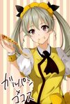  alternate_costume anchovy ascot bangs black_neckwear black_ribbon blouse bow cheese_trail closed_mouth coco's collared_shirt copyright_name drill_hair duffy eating food food_on_face girls_und_panzer green_hair hair_ribbon highres holding holding_food holding_pizza long_hair looking_at_viewer pizza puffy_short_sleeves puffy_sleeves red_eyes ribbon shirt short_sleeves slice_of_pizza smile solo standing striped striped_background twin_drills twintails upper_body vertical-striped_background vertical_stripes waitress wrist_cuffs yellow_blouse yellow_bow 