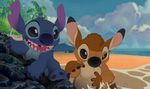  2017 3_toes 4_fingers alien bambi bambi_(film) black_nose blue_claws blue_eyes blue_nose brown_eyes brown_fur chest_tuft claws cute disney duo experiment_(species) fur grainy hawaii head_tuft lilo_and_stitch notched_ear open_mouth open_smile screencap_background seaside signature smile splash stitch tartii toes tuft water watermark 