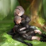  black_dress cleavage_cutout closed_eyes commentary_request dress feather-trimmed_sleeves long_sleeves mole mole_under_mouth nier_(series) nier_automata oshiri_(12764076) puffy_sleeves short_hair white_hair yorha_no._2_type_b yorha_no._9_type_s 