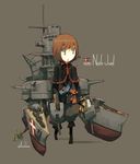  asterisk_kome brown_hair cannon capelet danish_flag gloves green_eyes gun holding holding_gun holding_weapon long_sleeves machinery mecha_musume military military_uniform military_vehicle niels_juel_(ship) original personification propeller ship simple_background solo turret uniform warship watercraft weapon 