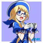  ascot beret blonde_hair blue-framed_eyewear blue_eyes blue_neckwear commentary controller enta_girl falcoon game_controller glasses gloves hat highres jacket long_hair mascot official_art playing_games puffy_short_sleeves puffy_sleeves purple_background semi-rimless_eyewear short_hair_with_long_locks short_sleeves simple_background smile snk solo upper_body 