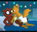  angus_(nitw) anthro bear bed blush brown_fur canine diaper duo eyewear feet fillyscoots42 fox fur glasses gregg_(nitw) invalid_tag male male/male mammal night_in_the_woods teeth tongue urine wet_diaper yellow_fur 