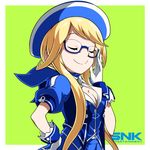  adjusting_eyewear ascot beret blonde_hair blue_neckwear closed_eyes commentary_request enta_girl falcoon glasses gloves green_background hand_on_hip hat highres logo long_hair mascot official_art puffy_short_sleeves puffy_sleeves short_hair_with_long_locks short_sleeves simple_background smile snk solo upper_body white_gloves 