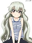  alternate_hairstyle anchovy artist_name bangs black_pants blue_shirt bukkuri casual closed_mouth collarbone dated girls_und_panzer green_hair hair_down highres long_hair looking_at_viewer md5_mismatch pants red_eyes shirt signature sitting sketch smile solo striped striped_shirt tank_top upper_body v_arms 