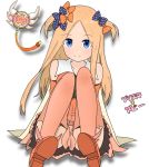  1girl abigail_williams_(fate/grand_order) alternate_color ass atsumisu bangs bare_shoulders black_bow blue_eyes blush boots bow brown_footwear brown_legwear brown_skirt closed_mouth collarbone commentary_request cosplay detached_sleeves eyebrows_visible_through_hair fate/grand_order fate/kaleid_liner_prisma_illya fate_(series) forehead green_shirt hair_bow highres kaleidostick long_hair orange_bow orange_sleeves parted_bangs polka_dot polka_dot_bow prisma_illya prisma_illya_(cosplay) shirt shoe_soles skirt smile solo star thigh_boots thighhighs translation_request two_side_up very_long_hair white_background 
