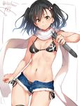  alternate_hairstyle artist_name ass_visible_through_thighs asymmetrical_bangs bangs bikini bikini_under_clothes black_bikini black_hair black_legwear breasts brown_eyes cutoffs denim denim_shorts grin hair_ornament isshiki_(ffmania7) kantai_collection mismatched_bikini navel open_fly print_bikini_top scarf sendai_(kantai_collection) short_shorts shorts side-tie_bikini simple_background small_breasts smile solo stomach swimsuit thighhighs torpedo twitter_username two_side_up white_background white_scarf 