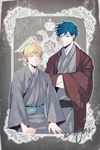  acca_13-ku_kansatsu-ka blonde_hair blue_eyes blue_hair crest crossed_arms crown delight_hsia highres japanese_clothes jean_otus kimono looking_at_viewer male_focus multiple_boys niino_(acca) wave_print wide_sleeves yaoi 