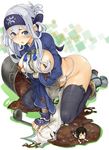  ainu_clothes all_fours areola_slip areolae bandages bandana black_legwear blue_eyes boots breasts curry fairy_(kantai_collection) folded_ponytail food fundoshi headband highres japanese_clothes kamoi_(kantai_collection) kantai_collection ladle large_breasts long_hair long_sleeves looking_at_viewer pinero pot sidelocks solo spill thick_eyebrows thigh_boots thighhighs white_hair 