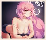  bare_shoulders black_panties border bra breasts character_name cleavage collarbone commentary_request girls_frontline leaning_forward long_hair looking_at_viewer medium_breasts midriff ntw-20_(girls_frontline) off_shoulder openvl panties pink_eyes pink_hair solo sports_bra underwear upper_body white_border white_bra 