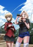  abazu-red black_shirt black_skirt blonde_hair blue_eyes braid churchill_(tank) cloud cloudy_sky coke_bottle commentary cowboy_shot cup darjeeling day denim denim_shorts dirty dirty_clothes dirty_face emblem girls_und_panzer ground_vehicle highres jacket kay_(girls_und_panzer) m4_sherman military military_uniform military_vehicle motor_vehicle multiple_girls red_jacket saucer saunders_(emblem) saunders_military_uniform shirt short_shorts shorts skirt sky st._gloriana's_military_uniform t-shirt tank teacup thighhighs uniform 