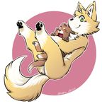  3_toes :3 :d ambiguous_gender black_nose blush brown_fur canine cute digital_media_(artwork) dog duo eyelashes eyes_closed fluffy full_body fur green_eyes hug inner_ear_fluff kemono legs_up mammal mouth_closed multicolored_fur neck_tuft neko_chiyo nude open_mouth paws semi-anthro shoulder_tuft smile toes tongue tuft white_fur yellow_fur young 