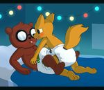  angus_(nitw) anthro bear bed blush brown_fur canine diaper duo eyewear feet fillyscoots42 fox fur glasses gregg_(nitw) invalid_tag male male/male mammal night_in_the_woods teeth tongue yellow_fur 