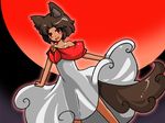  alternate_hair_length alternate_hairstyle animal_ears bare_shoulders brown_hair capelet collarbone commentary_request dark_skin dress edowan fangs flat_chest full_moon imaizumi_kagerou moon open_mouth red_eyes see-through_silhouette solo sundress tail tan touhou white_dress wolf_ears wolf_tail 