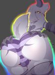  asriel_dreemurr backsack balls bulge butt clothed clothing fishnet girly grey_background legwear looking_at_viewer looking_back male otto0ttsy rainbow simple_background skirt solo stockings topless undertale underwear video_games 