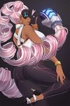  arms_(game) ass back black_pants blue_eyes boxing_gloves bracelet breasts chilla_(arms) dark_skin drill_hair earrings heart high_heels highres iwbitu-sa jewelry large_breasts lipstick long_hair looking_at_viewer makeup pants parted_lips pink_hair red_lipstick solo twintails twintelle_(arms) 