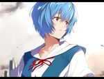  ayanami_rei bangs blue_eyes blue_vest blurry blurry_background cityscape collarbone expressionless eyebrows_visible_through_hair isshiki_(ffmania7) letterboxed looking_away looking_to_the_side neon_genesis_evangelion open_mouth outdoors red_eyes red_ribbon ribbon school_uniform shiny shiny_hair shirt short_hair short_sleeves signature sky solo twitter_username upper_body vest white_shirt 