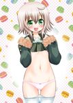  blush bow bow_panties food green_eyes kantai_collection looking_at_viewer macaron navel open_mouth panties pink_panties shimushu_(kantai_collection) short_hair solo tachibana_hiroki thighhighs underwear undressing white_legwear 