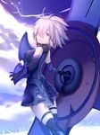  armor armored_dress black_legwear breasts covered_nipples eyebrows_visible_through_hair fate/grand_order fate_(series) hair_over_one_eye highres holding_shield looking_at_viewer looking_back mash_kyrielight medium_breasts monkey parted_lips pink_hair purple_eyes shield short_hair solo standing thighhighs xiaohou 