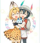  animal_ears armcho black_gloves black_legwear blush bow bowtie closed_eyes fangs feathers gloves hat helmet hug kaban_(kemono_friends) kemono_friends looking_at_viewer lucky_beast_(kemono_friends) multiple_girls open_mouth orange_bow orange_legwear orange_neckwear pantyhose pith_helmet serval_(kemono_friends) serval_ears smile tearing_up thighhighs 