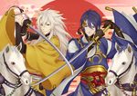  black_gloves blue_eyes blue_hair egasumi gloves horse japanese_clothes katana kogitsunemaru male_focus mikazuki_munechika multiple_boys petals red_eyes riding sayagata smile sword syuuichi touken_ranbu weapon white_hair 