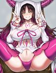  arinotowatari black_hair blush breasts cleavage closed_mouth commentary_request detached_sleeves double_v facial_mark fate/extra fate/extra_ccc fate_(series) forehead_mark gradient_hair horns large_breasts long_hair long_sleeves looking_at_viewer multicolored_hair navel pink_hair pink_legwear pink_ribbon revealing_clothes ribbon sesshouin_kiara sitting smile solo spread_legs stomach thighhighs v veil very_long_hair yellow_eyes 