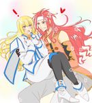  1boy 1girl bare_shoulders belt blonde_hair blue_eyes blush capelet carrying choker collet_brunel dress elbow_gloves gloves headband heart jacket jewelry long_hair open_mouth pants pantyhose red_hair shoes tales_of_(series) tales_of_symphonia zelos_wilder 