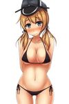  arms_behind_back ass_visible_through_thighs bad_id bad_pixiv_id bare_back bare_legs bare_shoulders bikini black_bikini blonde_hair blue_eyes blush breasts cleavage collarbone eyebrows_visible_through_hair hair_between_eyes hat highres kantai_collection large_breasts long_hair looking_at_viewer low_twintails navel peaked_cap prinz_eugen_(kantai_collection) side-tie_bikini simple_background solo strap_gap swimsuit terakoya thigh_gap twintails white_background 