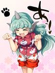  &gt;_&lt; :3 :d animal_ears buttons chima_q clenched_hands closed_eyes curly_hair fang green_hair highres horn kariyushi_shirt komano_aun long_hair open_mouth paw_pose paw_print pink_background polka_dot polka_dot_background red_shirt shirt short_sleeves shorts smile solo touhou xd 