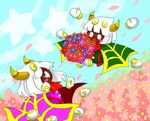  4_eyes 6_hands bouquet brown_skin cape clothing cuved_horn detailed_background duo empty_eyes female floating_hands flower hair kirby_(series) male multi_eye nintendo open_mouth open_smile plant queen_sectonia rosy_cheeks scarf smile spidr stinger taranza touka_(artist) video_games white_eyes white_hair yellow_eyes 