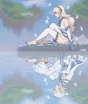  1boy 1girl barefoot dress female_my_unit_(fire_emblem_if) fire_emblem fire_emblem_heroes fire_emblem_if highres male_my_unit_(fire_emblem_if) my_unit_(fire_emblem_if) nintendo pointy_ears red_eyes reflecting_pool reflection sitting water white_hair 