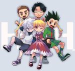  4boys biscuit_krueger black_hair blonde_hair blue_eyes brown_eyes brown_hair closed_eyes dress drill_hair glasses gon_freecss hair_ribbon haku_le hand_on_another's_head highres hunter_x_hunter jacket killua_zoldyck multiple_boys one_eye_closed open_mouth over-rim_eyewear pink_dress pink_eyes ribbon semi-rimless_eyewear shoes shorts smile sneakers spiked_hair twin_drills white_hair wing_(hunter_x_hunter) zushi 