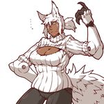  ... big_breasts breasts brown_skin canine claws clothing cybernetics cyborg dantera_rina(hutago) face_paint hair hutago machine mammal scar simple_background solo standing sweat wolf 