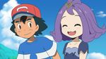  1girl acerola_(pokemon) bangs_pinned_back baseball_cap black_hair blue_sky blush brown_eyes closed_eyes day fake_screenshot hair_ornament hairclip hat nekono_rin official_style outdoors pokemon pokemon_(anime) pokemon_sm_(anime) purple_hair satoshi_(pokemon) shirt sky striped striped_shirt upper_body 