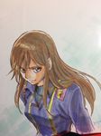  blue_eyes brown_hair crown_of_uroboros from_above highres long_hair marker_(medium) nishii_terumi photo signature smile solo star traditional_media uniform upper_body 