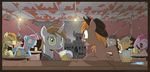  brown_hair detailed_background equine eyes_closed fallout_equestria fan_character female feral green_eyes group hair hat horn littlepip male mammal my_little_pony open_mouth pink_hair raining sitting teeth unicorn wandrevieira1994 