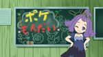  ;3 acerola_(pokemon) chalkboard fake_screenshot hands_on_hips looking_at_viewer nekono_rin official_style one_eye_closed pokemon pokemon_(anime) pokemon_sm_(anime) purple_eyes purple_hair solo 