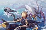  2girls blonde_hair cloud dated firing flying from_behind gauntlets gun highres jet_engine monster multiple_girls ocean original ponytail red_hair rifle river shorts shou_mai shoulder_armor signature spaulders tower twintails water weapon wings 