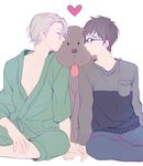  black_hair blue-framed_eyewear blush closed_eyes dog glasses heart japanese_clothes katsuki_yuuri makkachin male_focus multiple_boys sichol-bell silver_hair sitting smile sweater tongue tongue_out viktor_nikiforov yuri!!!_on_ice 