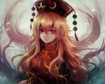  chinese_clothes dress fox_tail hat junko_(touhou) long_hair long_sleeves looking_at_viewer maho_moco multiple_tails orange_hair red_eyes slit_pupils smile solo tabard tail touhou turtleneck upper_body 