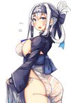  ainu_clothes ass blue_eyes blush breasts cropped_jacket dress eyebrows_visible_through_hair flying_sweatdrops folded_ponytail from_behind hair_between_eyes headband kamoi_(kantai_collection) kantai_collection large_breasts lifted_by_self long_hair long_sleeves looking_at_viewer open_mouth panties plan_(planhaplalan) short_eyebrows side_slit sideboob sidelocks solo thighs underwear wet wet_clothes white_dress white_hair white_panties wide_sleeves wrist_guards 
