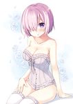  bare_shoulders blush breasts cleavage corset fate/grand_order fate_(series) flower hair_over_one_eye large_breasts looking_at_viewer mash_kyrielight petals purple_eyes purple_hair rose short_hair sitting solo sumisaki_yuzuna thighhighs white_flower white_legwear white_rose 