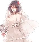  alternate_costume bangs bare_shoulders blush bouquet breasts bridal_gauntlets bridal_veil bura cleavage collarbone commentary_request curvy dress flower hair_between_eyes happy highres hips huge_breasts jewelry looking_at_viewer necklace nose_blush purple_hair red_eyes ring shiny shiny_hair short_hair simple_background sketch smile solo tearing_up touhou veil wedding_band wedding_dress white_background white_dress white_flower yasaka_kanako 