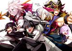  2girls armor bare_shoulders bedivere belt black_eyes black_hair blue_eyes bodysuit breasts cleavage cloak coat fate/extra fate/extra_ccc fate/grand_order fate/stay_night fate_(series) fujimaru_ritsuka_(male) gauntlets grey_hair hair_ornament hair_over_one_eye hat hijikata_toshizou_(fate/grand_order) karna_(fate) multiple_girls open_mouth pants pink_hair rider_(fate/extra) scar shielder_(fate/grand_order) short_hair spear sword weapon white_hair 