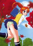  leaf misril orange_hair panties pantyshot ponytail running school_uniform striped striped_panties tree underwear wind wind_lift 